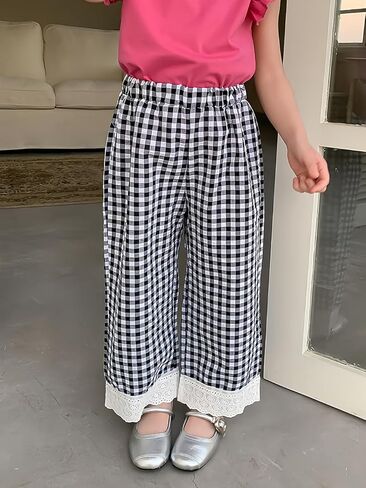 Toddler & Little Girls' Gingham Wid Leg Pants with Lace Trim in Kuwait