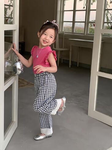 Toddler & Little Girls' Gingham Wid Leg Pants with Lace Trim in Kuwait