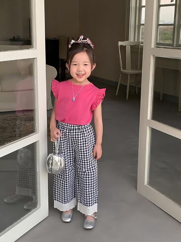 Toddler & Little Girls' Gingham Wid Leg Pants with Lace Trim in Kuwait