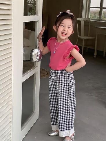 Toddler & Little Girls' Gingham Wid Leg Pants with Lace Trim in Kuwait