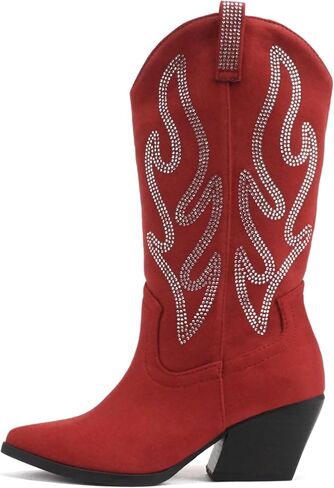 Soda “OZIE" ~ Women Pointed Toe Low Heel Rhinestone Mid-Calf Western Boot in Saudi Arabia