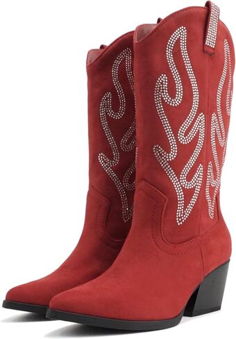 Soda “OZIE" ~ Women Pointed Toe Low Heel Rhinestone Mid-Calf Western Boot in Saudi Arabia