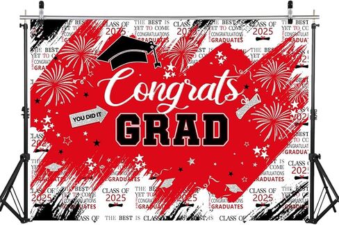 LYCGS 8x6ft Congrats Grad Red & Silver Grad Photo Backdrop 2025 Graduation Party Decor Banner X-119 in Saudi Arabia