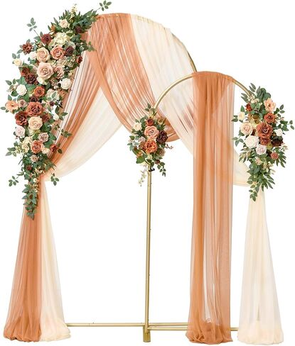 Ling's Moment Wedding Arch Backdrop Stand with Flowers - 7.2 قدم ، مجموعة 6 أقدام من إطار القوس المعدني مع ثنى لديكور الحفل - حفلة عيد ميلاد مصطنعة ، دش الزفاف ، Terracotta Orange in Kuwait
