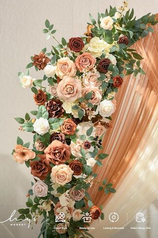 Ling's Moment Wedding Arch Backdrop Stand with Flowers - 7.2 قدم ، مجموعة 6 أقدام من إطار القوس المعدني مع ثنى لديكور الحفل - حفلة عيد ميلاد مصطنعة ، دش الزفاف ، Terracotta Orange in Kuwait