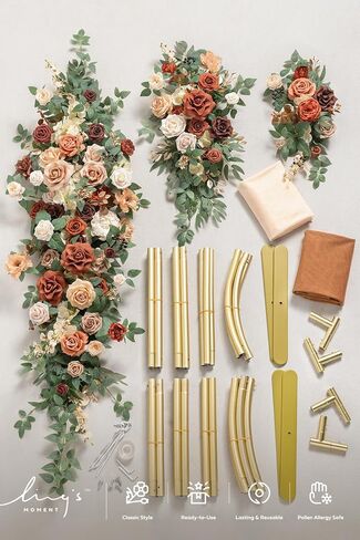 Ling's Moment Wedding Arch Backdrop Stand with Flowers - 7.2 قدم ، مجموعة 6 أقدام من إطار القوس المعدني مع ثنى لديكور الحفل - حفلة عيد ميلاد مصطنعة ، دش الزفاف ، Terracotta Orange in Kuwait
