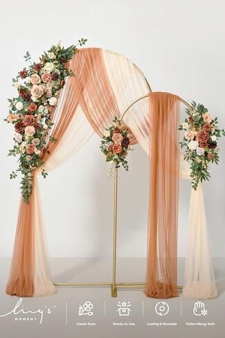 Ling's Moment Wedding Arch Backdrop Stand with Flowers - 7.2 قدم ، مجموعة 6 أقدام من إطار القوس المعدني مع ثنى لديكور الحفل - حفلة عيد ميلاد مصطنعة ، دش الزفاف ، Terracotta Orange in Kuwait