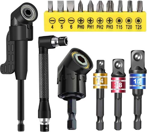 أداة 16pcs مجموعة مرفقات الحفر الزاوية اليمنى تشمل 2pcs محول حفر زاوية 105 درجة و 90 درجة بايت زاوية ، 3pcs الحفر bit-kit مقبس مفصل 1/4 3/8 1/2 in Kuwait