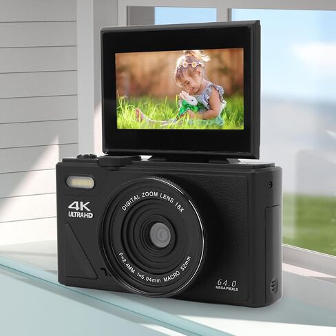 الكاميرا الرقمية 4K ، 64 ميجابكسل UHD 18x تكبير التلقائي التلقائي الكاميرا الرقمية ، الكاميرا الرقمية المدمجة مع شاشة Flip 3 بوصة لتصوير الفوتوغرافي تسافر (أسود) in Kuwait