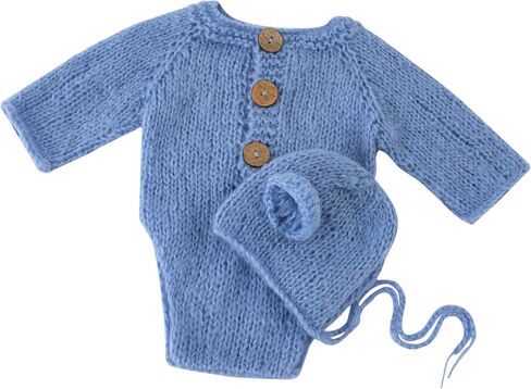 Newborn Boy Photoshoot Outfits and Props Bear Bonnet with Legless Romper Infant Baby Photography Crochet Knitted Bodysuit Set in Saudi Arabia