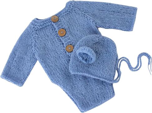 Newborn Boy Photoshoot Outfits and Props Bear Bonnet with Legless Romper Infant Baby Photography Crochet Knitted Bodysuit Set in Saudi Arabia