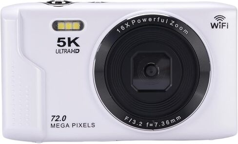 5K Digital Camera 72MP with WiFi, 16X Optical Zoom, 2.8 LCD, 1200mAh Battery Vlogging Camera for Travel, YouTube, 128GB Support (Auto Focus, Macro Mode, Slow Motion) (White) in Saudi Arabia