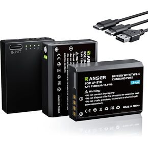 3 Pack of E10 Batteries with USB-C, Replacement Batteries for Canon T7 T6 T5 T3 T100 1100D 1200D 1300D 2000D 4000D Kiss X50 X70 X80 X90 EOS Digital Cameras