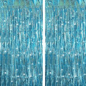 Light Blue Backdrops Curtains Party Decorations, Tinsel Streamers Birthday Decoration for Women Men, Photo Booth Props for Wedding, Baby Shower, 2Pack 3.28X6.56Ft
