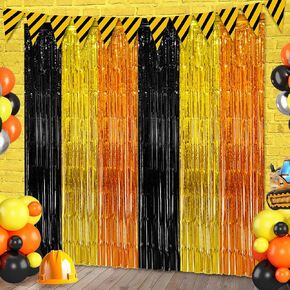 Construction Foil Fringe Curtains Backdrop Birthday Party Decorations Supplies, 2 Pack 3.28 x 6.56 Ft Yellow Orange Black Tinsel Streamer Photo Booth Props for Boys Truck Graduation Party Decor Favors