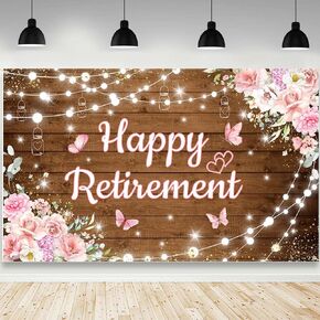 Rustic Happy Retirement Backdrop Photography Background Pink Floral Retirement Party Decorations Banner Photo Studio Props 70.8 x 43.3 inch