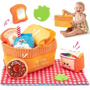 Hahaland Baby Toys 6-12 Months – Picnic Basket Sensory Toy with Crinkle, Rattles, Teether & Mirror, Montessori Play Food Plush for Early Development, Birthday Gifts for 1+ Years Boys & Girls