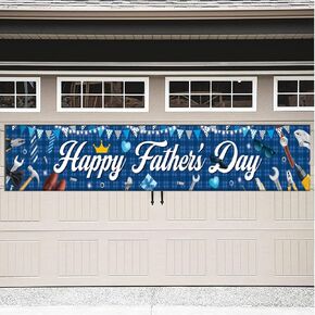Happy Father's Day Fence Banner 118" x 19.8", I Love Dad Blue Silver Glitter Yard Sign, Thank You Daddy Backdrop for Outdoor Fence, Lawn, Party Wall Decoration, Photography Background