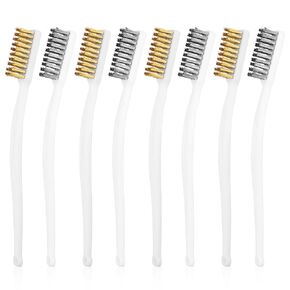 8pcs Metal Brush for Cleaning, Stainless Steel Brass Brushes Wire Brushes for Cleaning Metal with Curved Handle, Copper Brush for Automotive, Cleaning Welding Slag and Rust