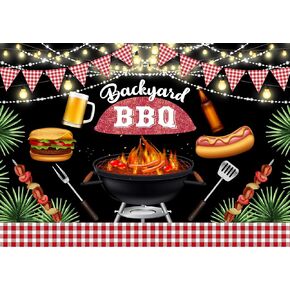 7x5ft Backyard BBQ Backdrop Barbecue Beer Burgers Hot Dogs Background Green Leaves Light Bulb Background for Family Dinner Birthday Party Supplies Decoration Photo Booth Studio Props BJLSME297