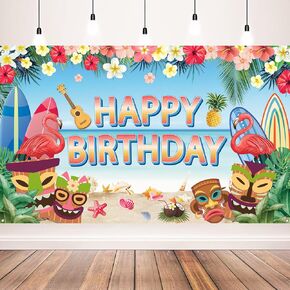 Hawaiian Birthday Backdrop, Hawaiian Birthday Banner for Hawaiian Birthday Party Decorations, Tropical Luau Bday Backdrop for Hawaiian Party Decorations, 71x 43 Inch