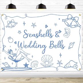Seashells & Wedding Bells Backdrop Banner - Coastal Bachelorette Party Decorations, Coastal Wedding Party Photo Backdrop, Beach Theme Bachelorette Party Decor,7 * 5ft