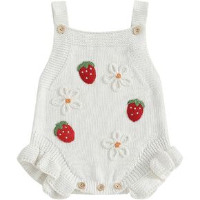 Newborn Infant Baby Girl Clothes Strawberry Embroidery Sleeveless Knit Ruffle Romper Sweater Overalls Bodysuit