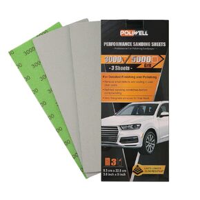 Poliwell Performance Sandpaper 3 Pack ، 3.6 in x 9 in 5000 Witr Clear Coat Polish Sandgape ، ورقة رملية كاشطة جيدة لخدوش تفاصيل سيارة التلميع الرطبة ، التشطيبات المكررة