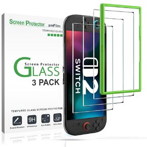 amFilm Tempered Glass Screen Protector Compatible with Nintendo Switch 2 7.9" 2025 Alignment Installation Frame Transparent HD Clear Case Accessories Anti-Scratch (3-Pack) (SWTCH2-7.9")