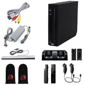 Digital Dynasty Nintendo Wii Console Black Premium Bundle with 1-Year Warranty Includes 2 Remotes, 2 Nunchucks, Dual Dock Stand, Sensor Bar, AV Cable and 2 Gaming Sleeves (Renewed)