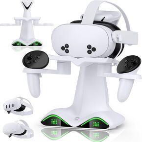 رصيف الشحن الرأسي لـ Meta Quest 2/3/3S ، محطة شحن DXKK Quest 3 مع ضوء LED الذكي ، محول 15W ، وحدات تحكم Oculus للتخزين و 4 بطاريات قابلة لإعادة الشحن