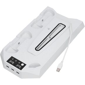للحصول على حامل Slim PS5 مع محطة شحن وحدة تحكم مزدوجة ، 3 محور USB ، مروحة قابلة للتعديل ، إكسسوارات أكثر برودة لـ PS5 Slim (أبيض)