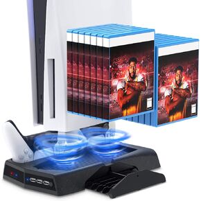 MENEEA Vertical Stand for PS5 Digital Edition/Ultra HD with Dual Controller Charging Station & Suction Cooling Fan & 14 Retractable Game Slots, for PS5 Gaming Accessories for PS5 Console