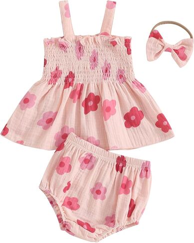 Newborn Baby Girl Summer Clothes Floral Sleeveless Strap Smocked Tank Shirt Top Shorts Headband 3Pcs Outfits Set in Kuwait