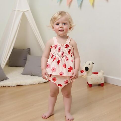 Newborn Baby Girl Summer Clothes Floral Sleeveless Strap Smocked Tank Shirt Top Shorts Headband 3Pcs Outfits Set in Kuwait