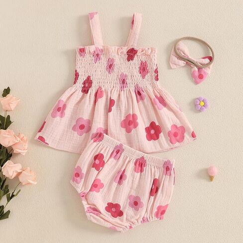 Newborn Baby Girl Summer Clothes Floral Sleeveless Strap Smocked Tank Shirt Top Shorts Headband 3Pcs Outfits Set in Kuwait