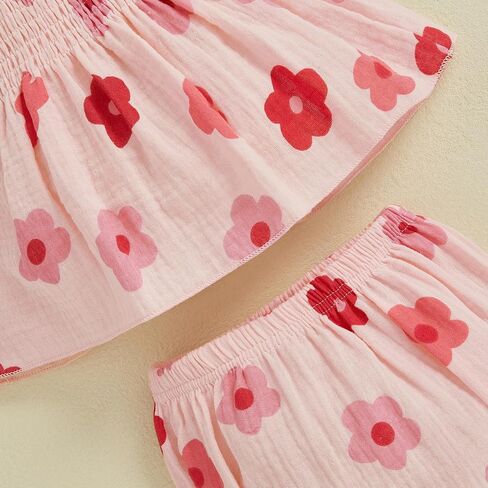 Newborn Baby Girl Summer Clothes Floral Sleeveless Strap Smocked Tank Shirt Top Shorts Headband 3Pcs Outfits Set in Kuwait