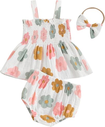 Newborn Baby Girl Summer Clothes Floral Sleeveless Strap Smocked Tank Shirt Top Shorts Headband 3Pcs Outfits Set in Kuwait