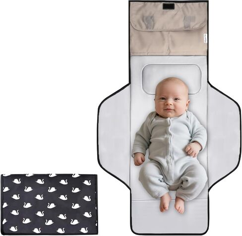 Extra Long Large Lightweight Portable Diaper Changing Mat with Storage Pockets,Swan Waterproof Foldable Travel Changing Pad,On The Go Wipeable Reusable Changing Pad for Car, Diaper Bag (Swan) in Kuwait