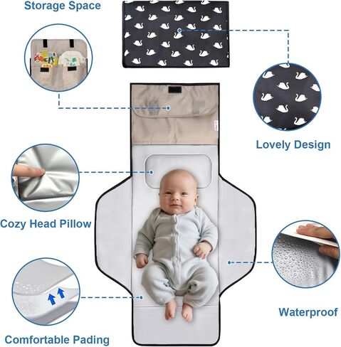 Extra Long Large Lightweight Portable Diaper Changing Mat with Storage Pockets,Swan Waterproof Foldable Travel Changing Pad,On The Go Wipeable Reusable Changing Pad for Car, Diaper Bag (Swan) in Kuwait