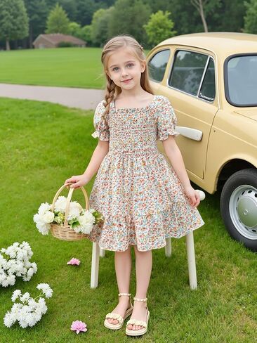 AGQT Toddler Girls Floral Dress Square Neck Puff Sleeve A-Line Smocked Dress with Bag Toddler Girls Summer Dress 12M-7T in Kuwait