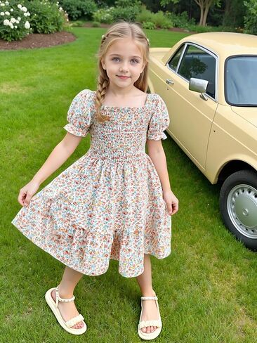 AGQT Toddler Girls Floral Dress Square Neck Puff Sleeve A-Line Smocked Dress with Bag Toddler Girls Summer Dress 12M-7T in Kuwait