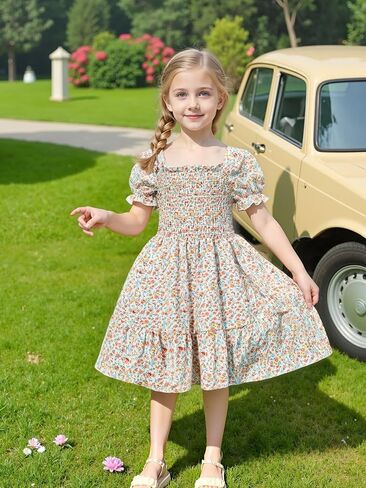 AGQT Toddler Girls Floral Dress Square Neck Puff Sleeve A-Line Smocked Dress with Bag Toddler Girls Summer Dress 12M-7T in Kuwait