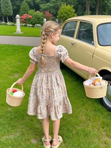 AGQT Toddler Girls Floral Dress Square Neck Puff Sleeve A-Line Smocked Dress with Bag Toddler Girls Summer Dress 12M-7T in Kuwait