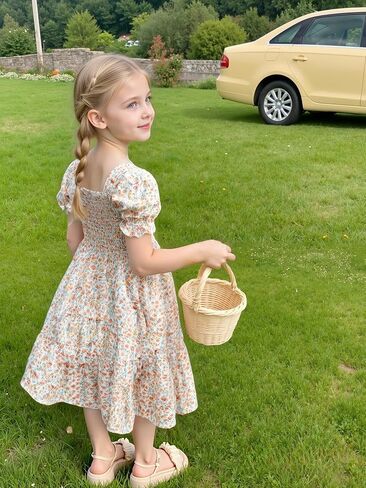 AGQT Toddler Girls Floral Dress Square Neck Puff Sleeve A-Line Smocked Dress with Bag Toddler Girls Summer Dress 12M-7T in Kuwait