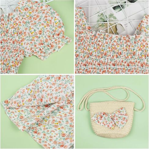 AGQT Toddler Girls Floral Dress Square Neck Puff Sleeve A-Line Smocked Dress with Bag Toddler Girls Summer Dress 12M-7T in Kuwait