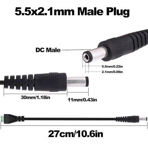 DC 5.5mm x 2.1mm Screw Terminal Block Adapter Power Extension Cable DC Male to 2Pin Solderless Connector Cable Replacement Repair Supply Cord For CCTV Cameras Routers LED Devices-27cm-2Pcs (Male) in Kuwait