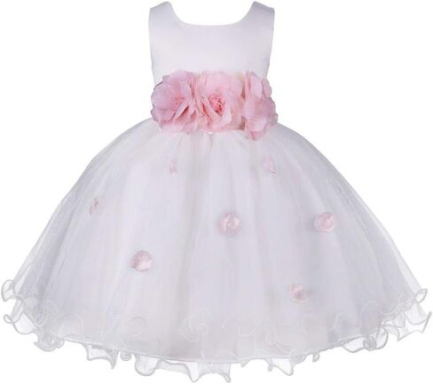 Pink Promise Girl's Baby's White Flower Petals Ruffled Tulle Wedding Dress in Kuwait