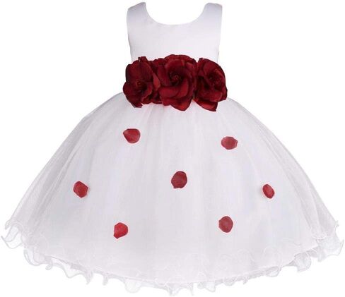 Pink Promise Girl's Baby's White Flower Petals Ruffled Tulle Wedding Dress in Kuwait