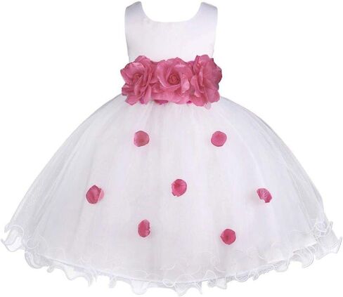 Pink Promise Girl's Baby's White Flower Petals Ruffled Tulle Wedding Dress in Kuwait